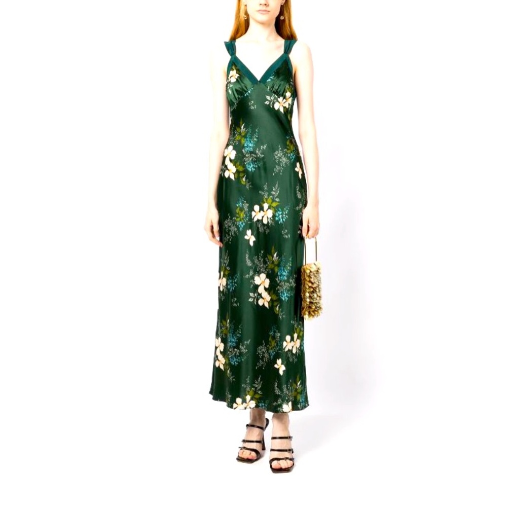 NWT Reformation Neola Green Floral Print Silk Dress L Large